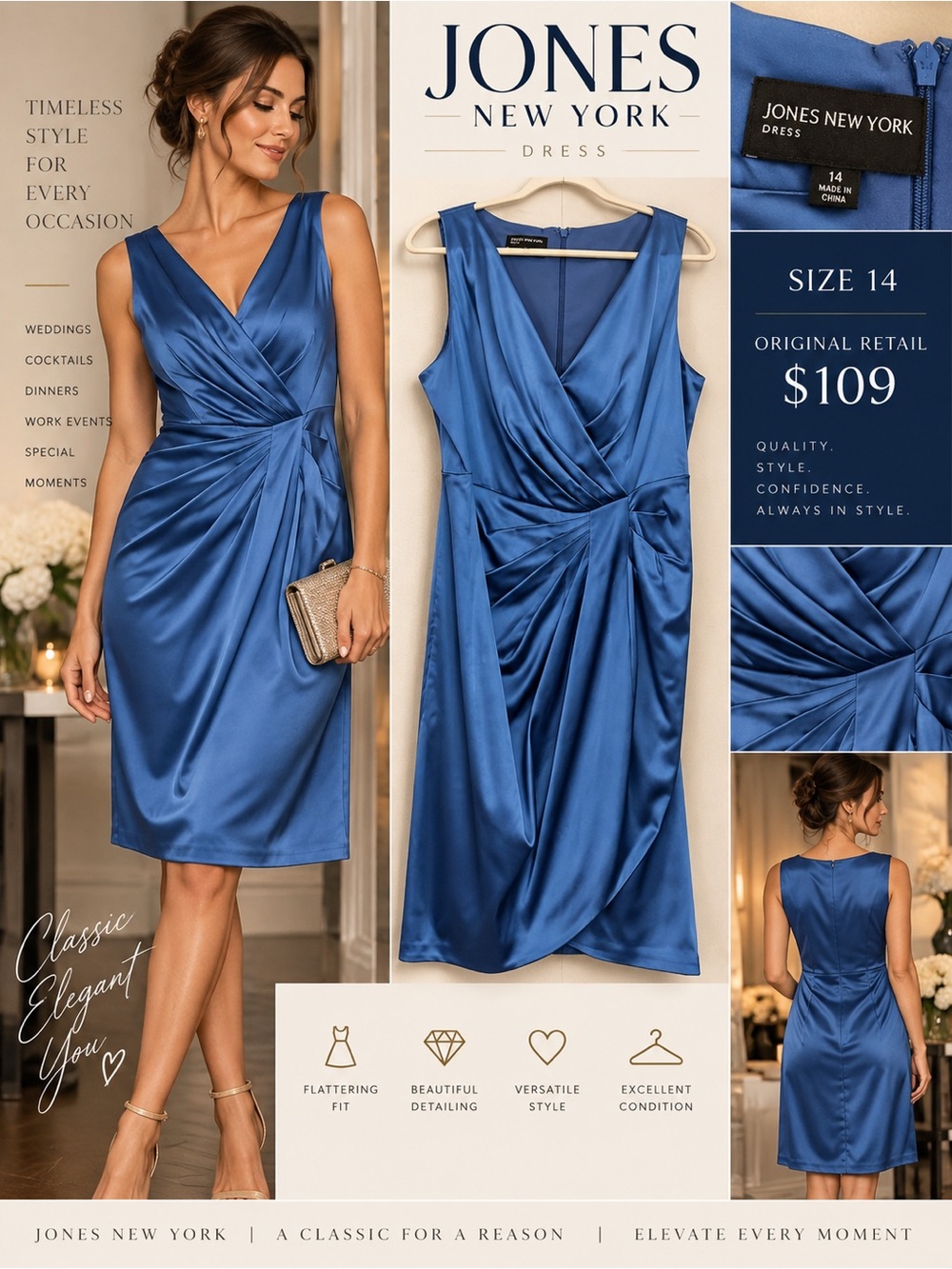 Jones New York Royal Blue Satin Wrap-Style Midi Dress